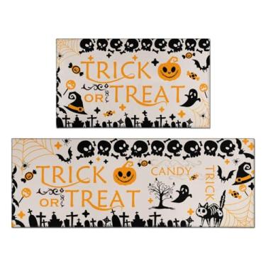Imagem de zhinvdzuyu Conjunto de 2 tapetes de cozinha de Halloween, tapetes de cozinha de perfil baixo, antiderrapante, absorvente, fantasma, cozinha, para outono, casa, decoração de festa de Halloween