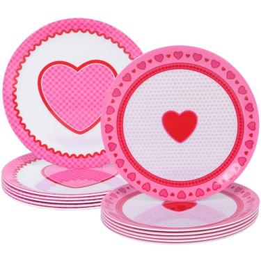 Imagem de Conjunto de 12 peças de pratos de jantar de melamina com corações do amor, pratos rosa inquebráveis de 25 cm para casamentos, dia dos namorados e aniversários, conjunto de utensílios de mesa leves e