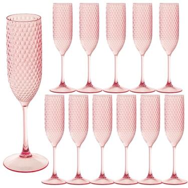 Imagem de Pacote com 12 taças de champanhe de plástico rosa mimosa copos de champanhe inquebráveis copos de brinde de casamento copos de diamante reutilizáveis de 156 g copos de vinho copos vintage para
