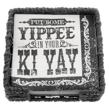 Imagem de Karma, Porta-guardanapos de coquetel de tecido para mesa e cozinha – Dispensador de guardanapos plano Boho para jantar em casa e ao ar livre, porta-guardanapos de papel, Yippee in Your Ki Yay