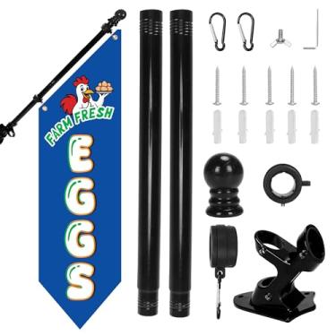 Imagem de Kit de bandeira Farm Fresh Eggs com mastro – Bandeira de lona dupla face resistente de 106,7 x 30,5 cm, suporte rústico de fazenda ou placa de mercado, exibição de publicidade suspensa à prova de