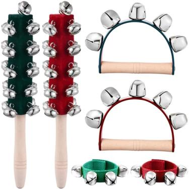 Imagem de 6 sinos de trenó de Natal, inclui 2 sinos de mão de madeira, 2 sinos de trenó e 2 sinos de pulseira para música de férias, presentes de aniversário, sinos prateados festivos para celebração de Natal