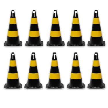 Imagem de Kit 10 Cones de Sinalização 50cm Trânsito Segurança PVC – Cone para Obras e Estacionamento (Preto/Amarelo)