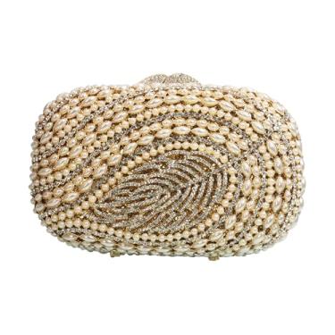 Imagem de BCVWQXA Bolsa feminina elegante de cristal pérola com estampa de folha, bolsa de noite de cristal, carteira de pérolas de luxo para festa de formatura de casamento, Dourado, prata