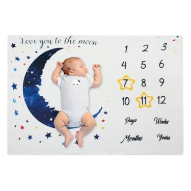 Imagem de Cobertor mensal para bebês – Acessório para foto de flanela dupla face para meninos e meninas recém-nascidos – Rastreador de crescimento macio e aconchegante com estampas fofas (lua) – Perfeito