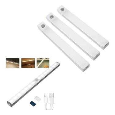 Imagem de Kit 3 Luminária LED Sob Armário, Luz de Toque Sem Fio, Branca, Recarregável USB, Iluminação para Cozinha e Guarda-Roupa 30 cm