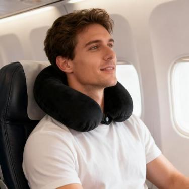 Imagem de Travesseiro de viagem de espuma viscoelástica para viagem, travesseiro de avião para viagem, carro, casa, escritório, capa lavável, Preto