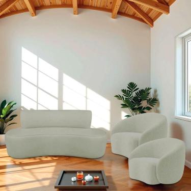 Imagem de Kit Recamier Curvo Amsterdã 120cm E 2 Poltronas Amore Luxo Bouclé Cor Verde Oliva