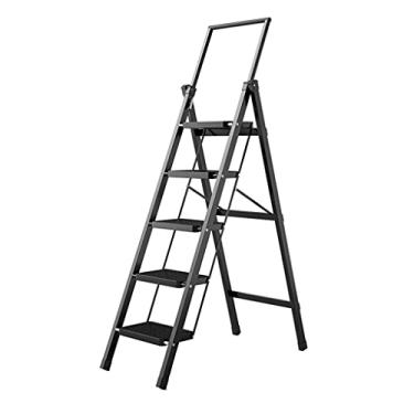 Imagem de Escadas dobráveis com 3 degraus Escada de metal resistente Escada dobrável portátil com corrimãos telescópicos redondos e degraus antiderrapantes escada resistente (cor: branco) (preto)