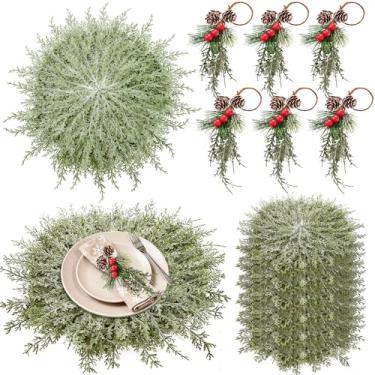 Imagem de Conjunto de 6 jogos americanos de pinheiro de Natal, incluindo anéis de guardanapo, jogo americano grande de vegetação artificial de 50 cm, tapete de mesa de jantar de inverno para decoração de festa