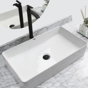 Imagem de Kit Cuba Pia Louça Cerâmica Banheiro C/ Torn e Vál Preta S21