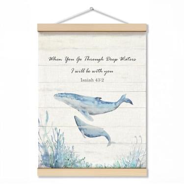 Imagem de ZNGFON Decoração de parede cristã de tubarão-baleia moderno 30,5 x 40,6 cm, When You Go Through Deep Waters I Will Be With You Isaías 43:2, pôster de arte de parede com moldura de madeira, verso azul