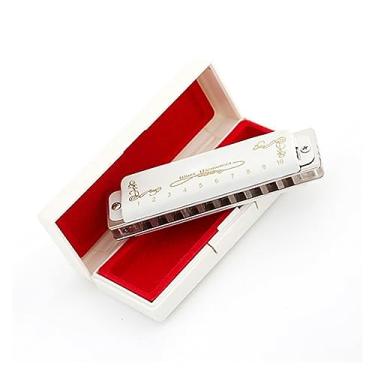 Imagem de Gaita branca de 10 furos para iniciantes, instrumento musical de gaita diatônica de latão atualizado