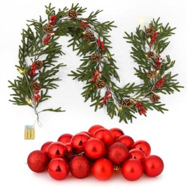 Imagem de Ovveroche Vinhas de agulha de pinheiro guirlanda de Natal de 2 m com 24 ornamentos vermelhos, cordão de luzes LED de 2 m para decoração de mesa de manto de férias