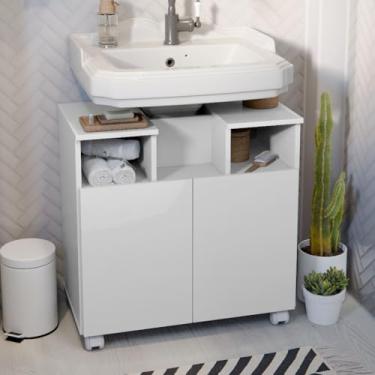 Imagem de Gabinete para Pia de Banheiro com 2 Portas e Rodízios – Armário Encaixe Prático para Lavabo, Organização Fácil e Mobilidade(Branco)