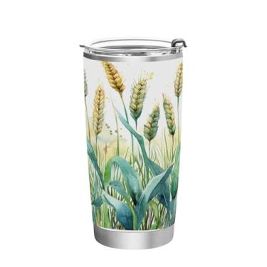 Imagem de Blueangle Copo de 590 ml com tampa e canudo, copo de café de água isolado a vácuo de aço inoxidável, caneca de viagem de campo de trigo em aquarela copo térmico para bebidas quentes e frias (452)