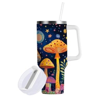 Imagem de ATTX Copo de cogumelos coloridos de 850 g com alça - Caneca de viagem de aço inoxidável isolada a vácuo, xícara de café à prova de vazamento com canudo #840