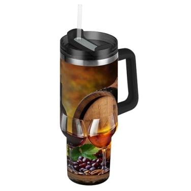 Imagem de Blueangle Copo de garrafas de vinho rosa de 1,134 g com alça e tampa de palha, caneca de viagem de aço inoxidável isolada a vácuo de parede dupla, garrafa de água reutilizável para academia de