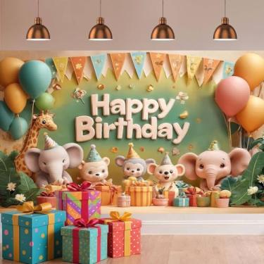 Imagem de Pano de fundo fofo de animais da selva, safári, zoológico, elefante, girafa, macaco, verde, feliz aniversário, fotografia, fundo para crianças, colorido, festa de aniversário, decoração de chá de bebê