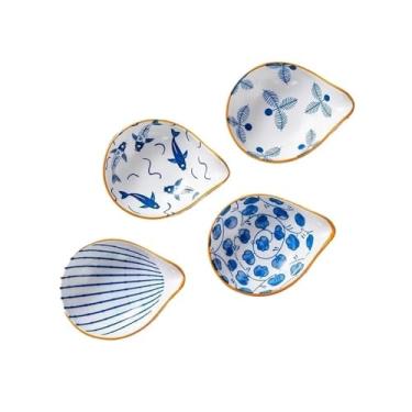 Imagem de prato de lanche 4 peças de prato cerâmica para molho, soja porcelana azul e branca, tempero para sushi tigela de sopa(Yellow Stroke)