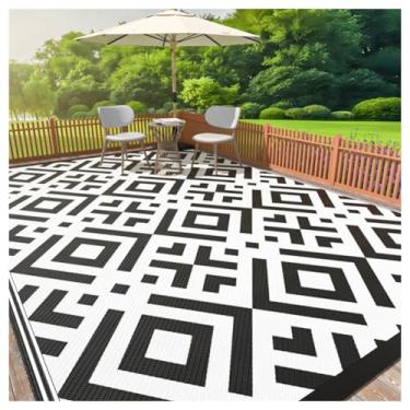 Imagem de SPXMQSS Tapetes de exterior para jardim, tapete de plástico reversível, resistente ao desgaste e antiderrapante, dobrável para acampamento, deck, praia, piquenique, preto, branco, 120 x 183 cm