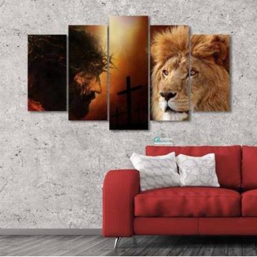 Imagem de quadro decorativo 5 peças modelo   leao e jesus cristo - autopc