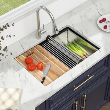 Imagem de Kichae Pia de cozinha composta de granito 28 - 71 cm x 48 cm de granito para pia de cozinha, estação de trabalho de quartzo preto, 25,4 cm de profundidade embaixo do balcão, bacia única para pia