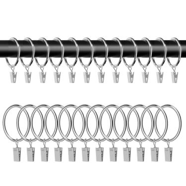 Imagem de Pacote com 24 anéis de cortina de metal prateado com clipes, anéis de cortina de 3,15 cm de diâmetro interno com ganchos, adequados para varões de cortina de 2,5 cm