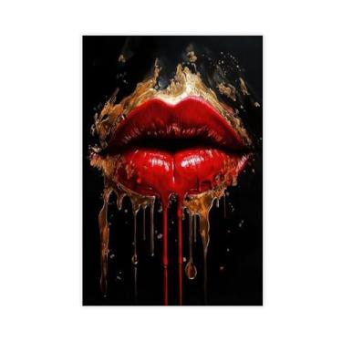 Imagem de Arte moderna, tapeçarias de parede abstratas, lábio vermelho com pintura dourada decoração de parede, pôster de tela de luxo, decoração de quarto sem moldura 30 x 45 cm