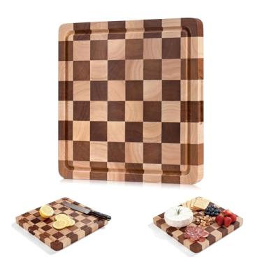 Imagem de WILLKOMMEN Tábua de corte para cozinha – tábua de madeira quadriculada de grão de corte de 2,5 cm de espessura bloco de açougueiro com alça, pés antiderrapantes e ranhura de suco, reversível para