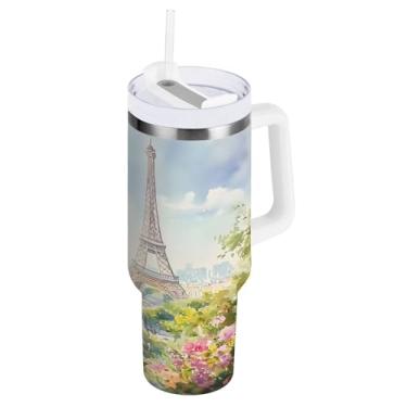 Imagem de Wassud Copo Aquarela Torre Eiffel Paris com alça e tampa de canudo copo isolado garrafa de água de aço inoxidável à prova de vazamento caneca de viagem presentes para mulheres 1,134 g