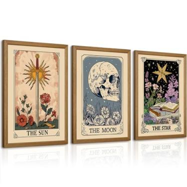 Imagem de Arte de parede de cartão de tarô sol lua tela decoração de parede astrologia mística arte de parede boho celestial impressões crânio estrela pôster cartão de tarô imagem para sala de estar quarto 40 x