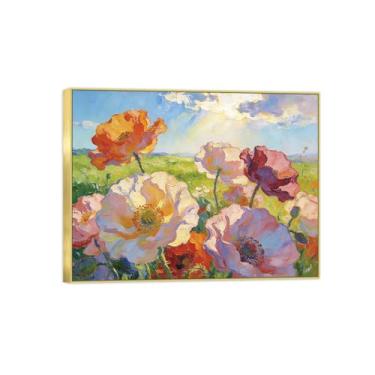 Imagem de BMZFYBS Pintura de arte de parede de flores - imagem de decoração vintage - flores em campo - impressões em tela moldura dourada para sala de estar 50 x 65 cm 20 x 26 pol