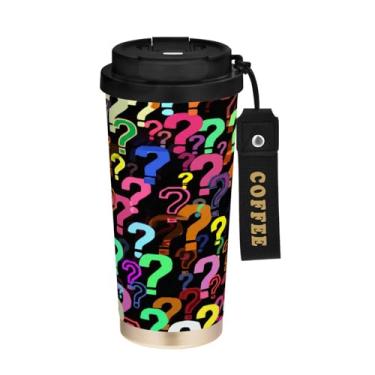 Imagem de STAYTOP Caneca de café colorida com isolamento térmico de ponto de interrogação de 500 ml, copo de café reutilizável de aço inoxidável com tampa flip à prova de vazamento à prova de vazamento para