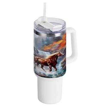 Imagem de Kigai Copo de 1,134 g com tampa e canudo, copo de aço inoxidável durável à prova de vazamento de cavalos de corrida com alça, garrafas de água à prova de derramamento para viagens