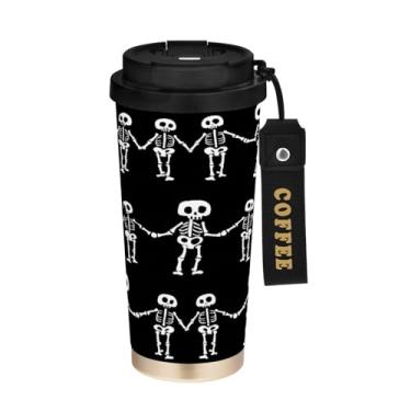 Imagem de STAYTOP Caneca de café de viagem com isolamento de caveira legal de 500 ml, copo de café reutilizável de aço inoxidável com tampa flip à prova de vazamento à prova de vazamento para escritório, escola