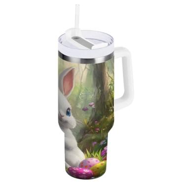 Imagem de STAYTOP Copo de ovos de Páscoa e coelhos fofos de 1,134 g com tampa e palha, copo isolado de aço inoxidável durável à prova de vazamento com alça, garrafas de água à prova de derramamento para viagens