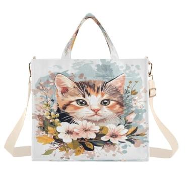 Imagem de Burbuja Sacola feminina fofa com flores de gato, bolsa tiracolo de veludo cotelê, bolsa transversal para compras, trabalho, viagem, P, B127, Medium