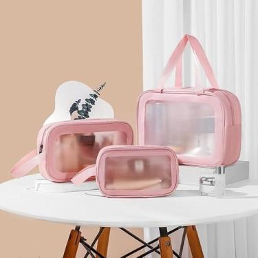 Imagem de Necessaire Transparente de Viagem Kit 3 Peças – Bolsa Portátil para Cosméticos, Maquiagem e Higiene Pessoal(ROSA)