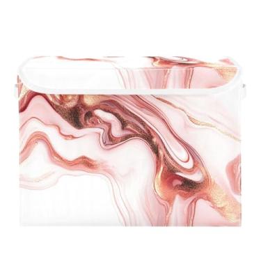 Imagem de CEBUGI Caixotes de armazenamento com tampas, caixa de armazenamento de tecido dobrável, fundo de ouro rosa, organizadores de armazenamento para armário de casa prateleiras de quarto 40 x 30 x 39 cm