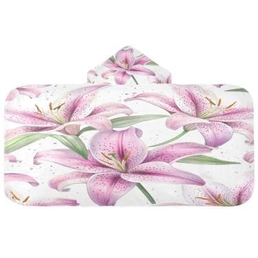 Imagem de Burbuja Toalha de banho com capuz rosa lírios para crianças, toalha de praia de pelúcia macia absorvente para chá de meninas e meninos 3-10 anos, 61 x 127 cm