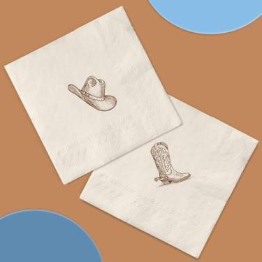 Imagem de Whaline Guardanapos de coquetel de cowboy ocidentais 50 peças guardanapo de bebida marrom chapéu de vaqueira bota último rodeio guardanapo de papel descartável para aniversário despedida de solteira