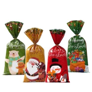 Imagem de 25 unidades de sacos de Natal de celofane com laços dourados torcidos 4 estilos para biscoitos doces