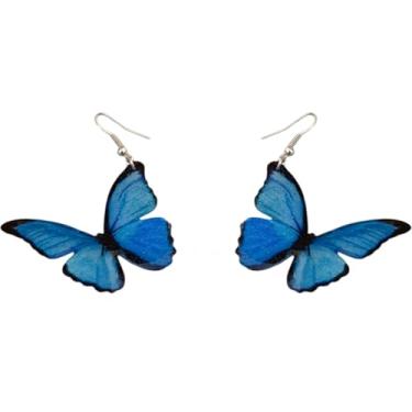 Imagem de Brincos pendentes de borboleta brilhante azul brilhante simulação 3D gradiente inseto asas brincos doce Y2K Free Flying Animal Jewelry, Large, Metal, Sem pedra preciosa