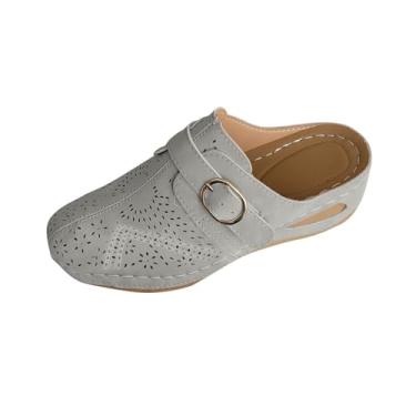 Imagem de Sandálias femininas modernas vazadas de cor sólida com fivela e bico fechado para o verão, meio chinelos de salto alto grosso, Cinza, 39