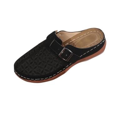 Imagem de Sandálias femininas modernas ocas de cor sólida com fivela e tiras fechadas para o verão, meio chinelos de salto alto grosso, Preto, 36