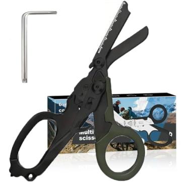 Imagem de Tesoura de trauma 6 em 1, tesoura de emergência dobrável, ferramentas de acampamento ao ar livre, cortador de cinto de segurança, chave cilíndrica de oxigênio, chave ajustável de cortesia
