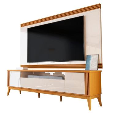 Imagem de Rack Bancada com Painel Detalhe Ripado Vetro Para TV Até 75 Polegadas 2,18m Madeirado/Off White