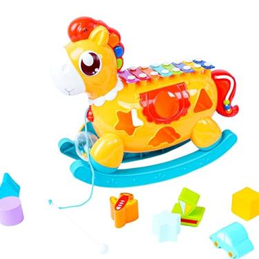 Imagem de Pônei Musical de Atividades 2 em 1, Cavalinho de Balanço com Xilofone 8 Teclas, Encaixe de Formas Geométricas, Luz Suave, Plástico Seguro, 31x26x11cm, 18+ Meses