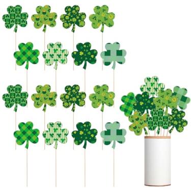 Imagem de 16 peças de palitos de enfeite de trevo do dia de São Patrício palitos de centro de mesa verde trevo da sorte para festa do festival irlandês vaso floral arranjos suprimentos